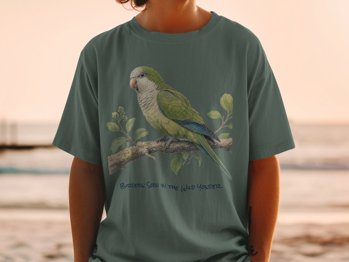 Green parrot perched on a branch with text "Birders: Seen in the Wild Yonder".