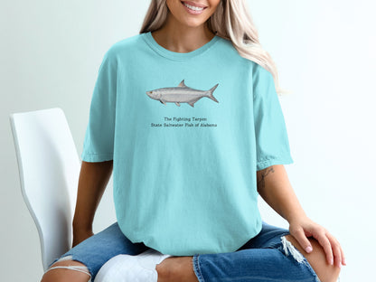 Light blue t-shirt with a watercolor tarpon and "The Fighting Tarpon, State Saltwater Fish of Alabama".