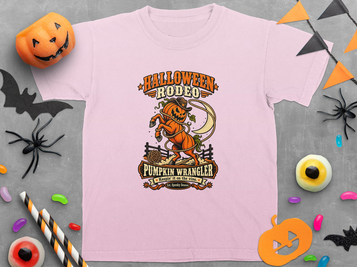 Pink t-shirt with Halloween Rodeo graphic featuring a pumpkin horse and text.