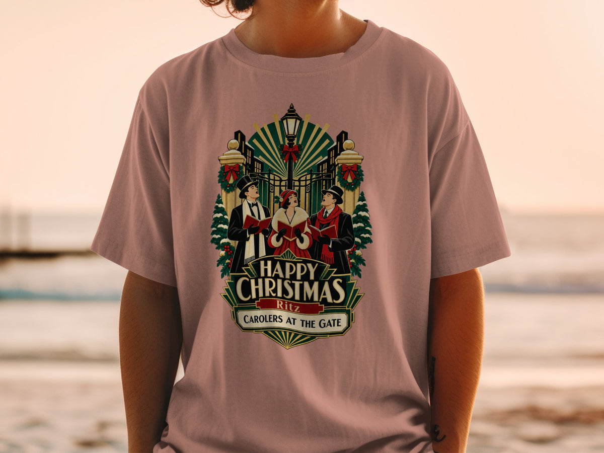 Christmas carolers in festive attire under a lamppost with "Happy Christmas Ritz" text.