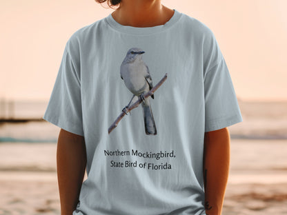 Gray t-shirt with Northern Mockingbird and text "Northern Mockingbird, State Bird of Florida".