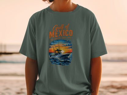 T-shirt graphic: "Gulf of Mexico Salt Water Good Times" with fishing boat at sunset.
