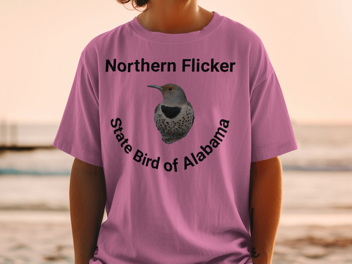 Pink t-shirt with "Northern Flicker State Bird of Alabama" and bird graphic.