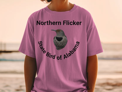 Pink t-shirt with "Northern Flicker State Bird of Alabama" and bird graphic.