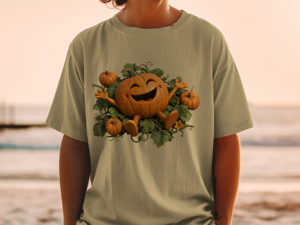 T-shirt with a grinning jack-o'-lantern and smaller pumpkins on green vines.