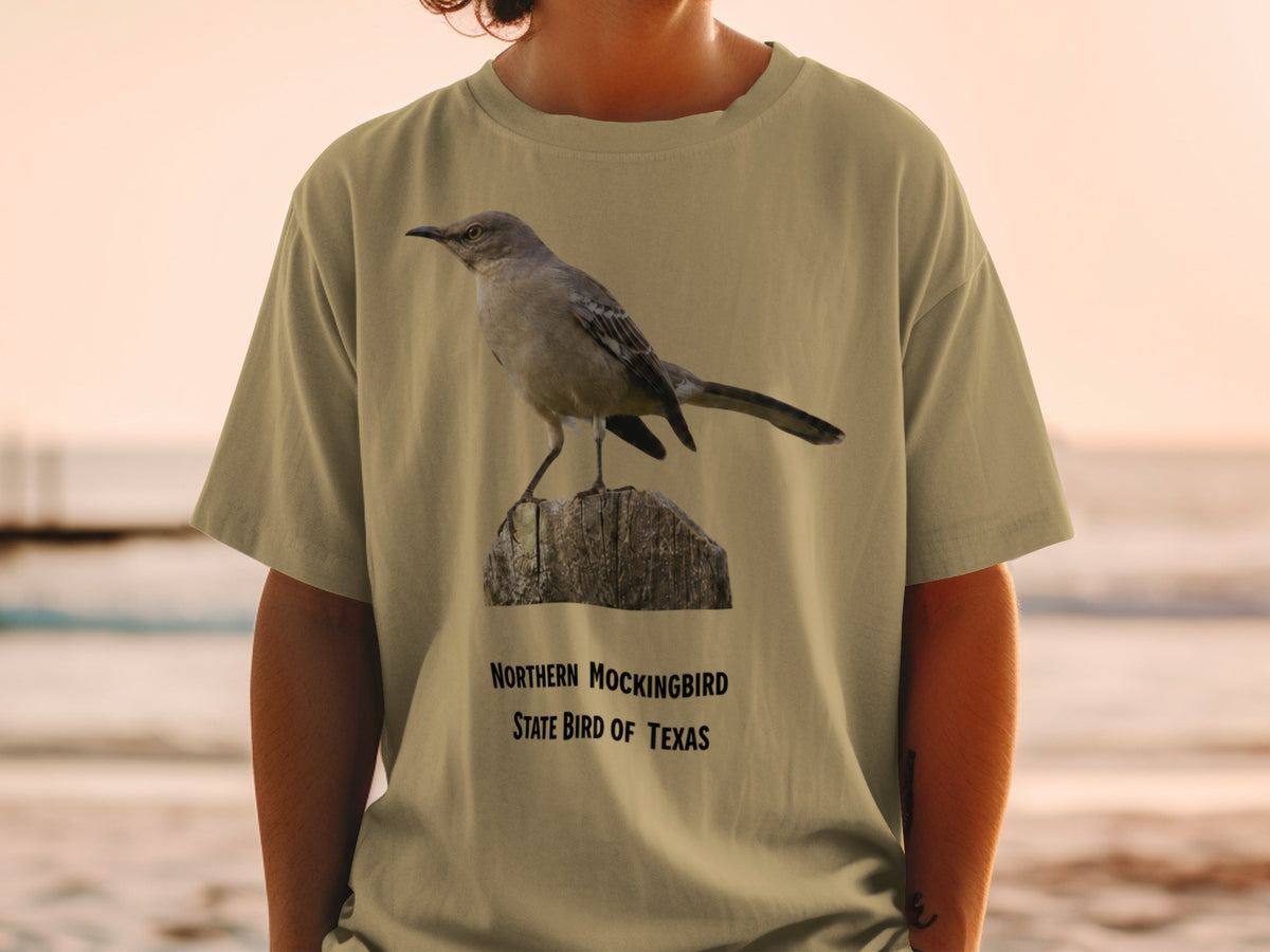 T-shirt with northern mockingbird on wood, text "Northern Mockingbird State Bird of Texas".