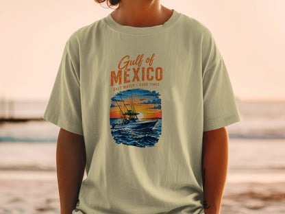 T-shirt with Gulf of Mexico graphic featuring boat at sunset.