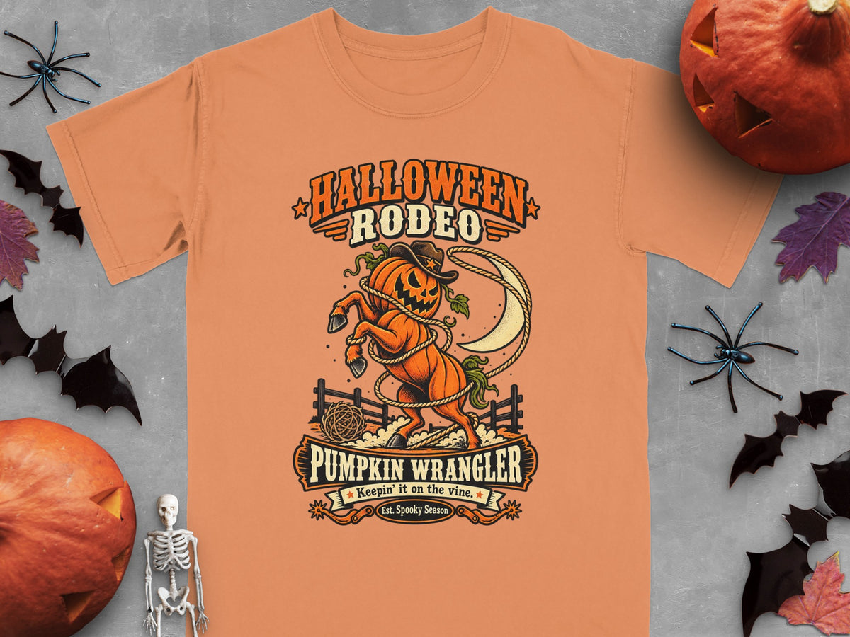 Orange t-shirt with "Halloween Rodeo Pumpkin Wrangler" graphic.