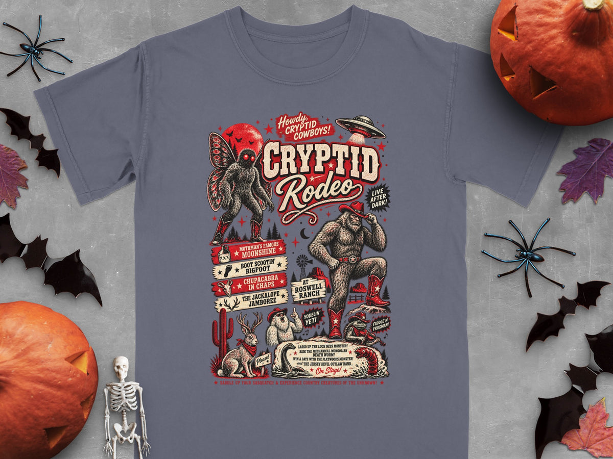 Cryptid Rodeo t-shirt features Bigfoot, Mothman, Jackalope, and other cryptids in a western scene.