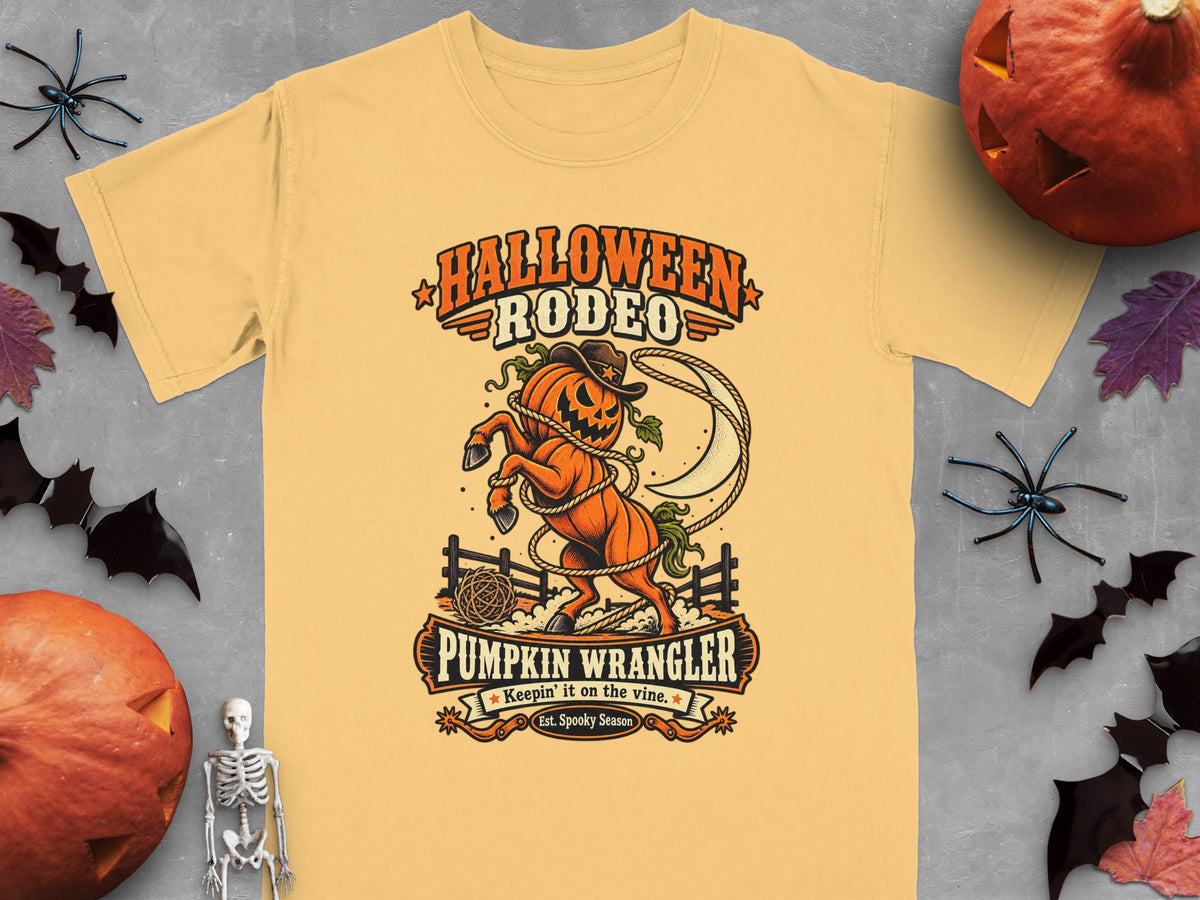 Yellow t-shirt with "Halloween Rodeo Pumpkin Wrangler" graphic featuring a jack-o'-lantern horse.