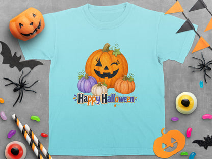 Light blue t-shirt with a jack-o'-lantern and "Happy Halloween" graphic.