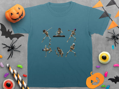 Teal t-shirt with dancing skeletons and a DJ graphic.