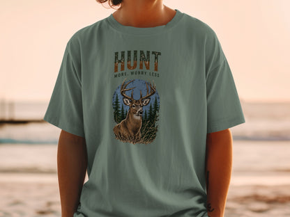 T-shirt with deer graphic and text "Hunt More, Worry Less."