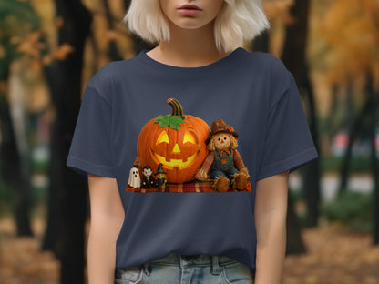 Halloween t-shirt with jack-o-lantern, scarecrow, ghosts, and witch figures on plaid blanket.
