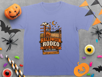 Light purple t-shirt with "Halloween Rodeo Trick-or-Treat At The Arena" graphic.