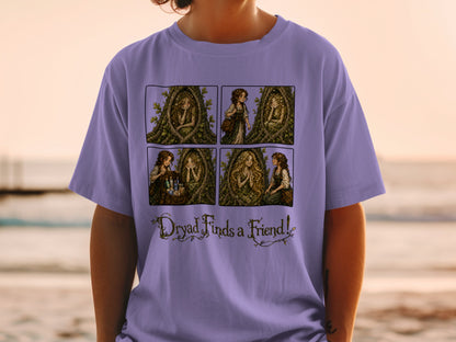 Four-panel comic on a purple t-shirt titled "Dryad Finds a Friend!"