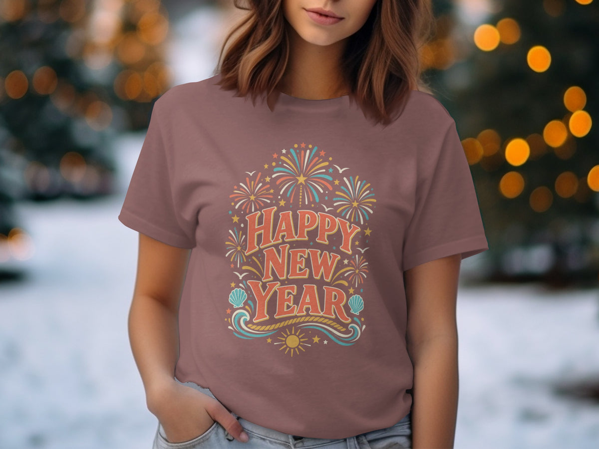 T-shirt with "Happy New Year" text, fireworks, and sun design.