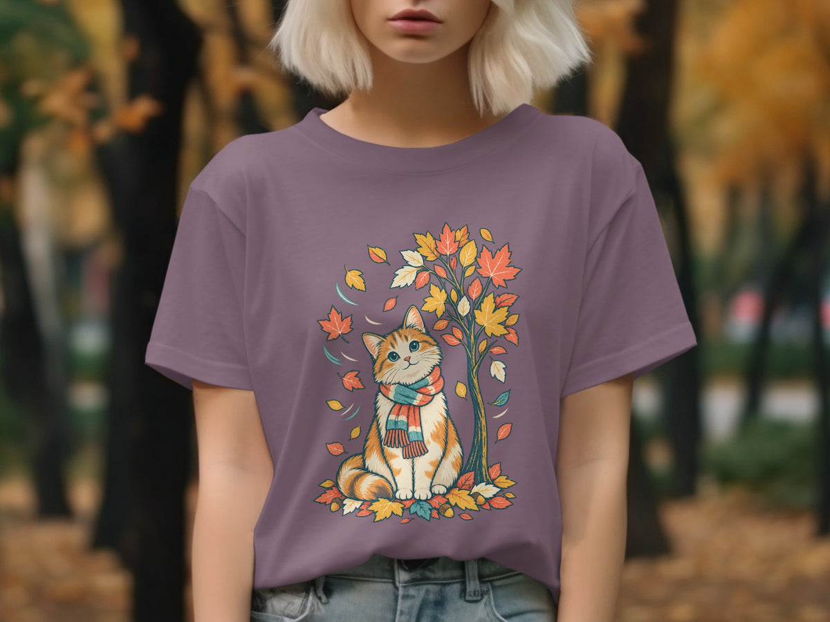 Autumn cat wearing a scarf sitting among colorful fall leaves by a tree.