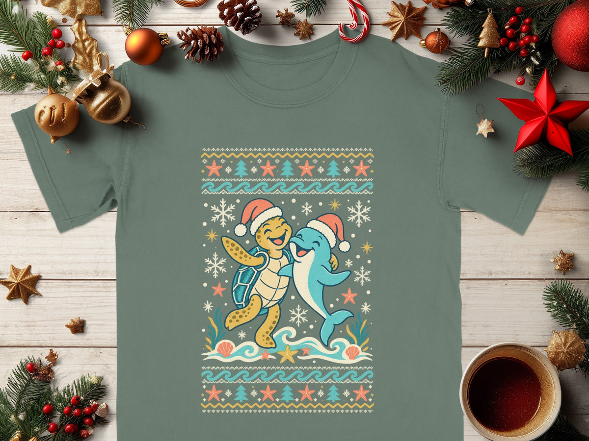 Turtle and dolphin in Santa hats hug, surrounded by snowflakes, sea, and festive patterns.
