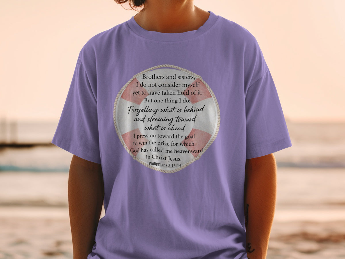 Purple t-shirt with life preserver graphic featuring Philippians 3:13-14 Bible verse.