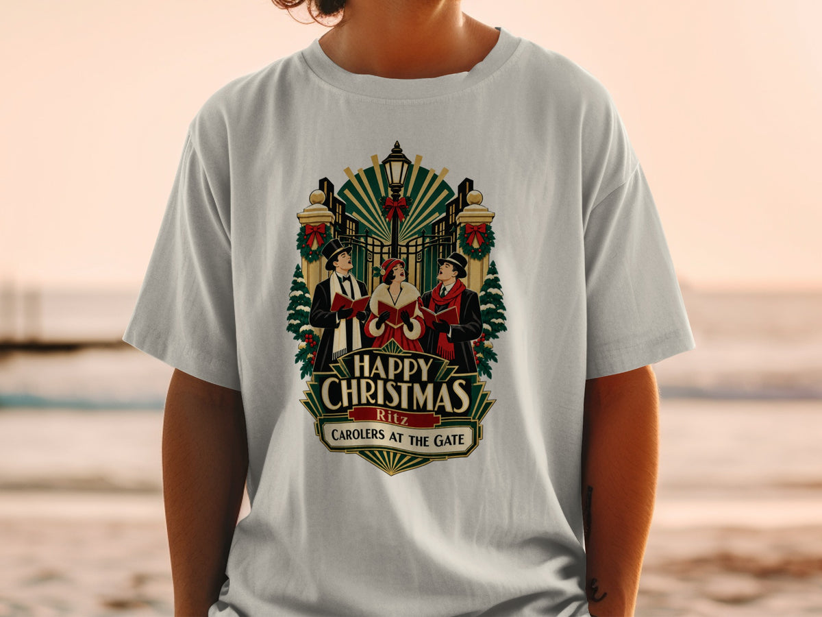 T-shirt with "Happy Christmas Ritz Carolers at the Gate" design.