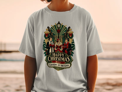 T-shirt with "Happy Christmas Ritz Carolers at the Gate" design.