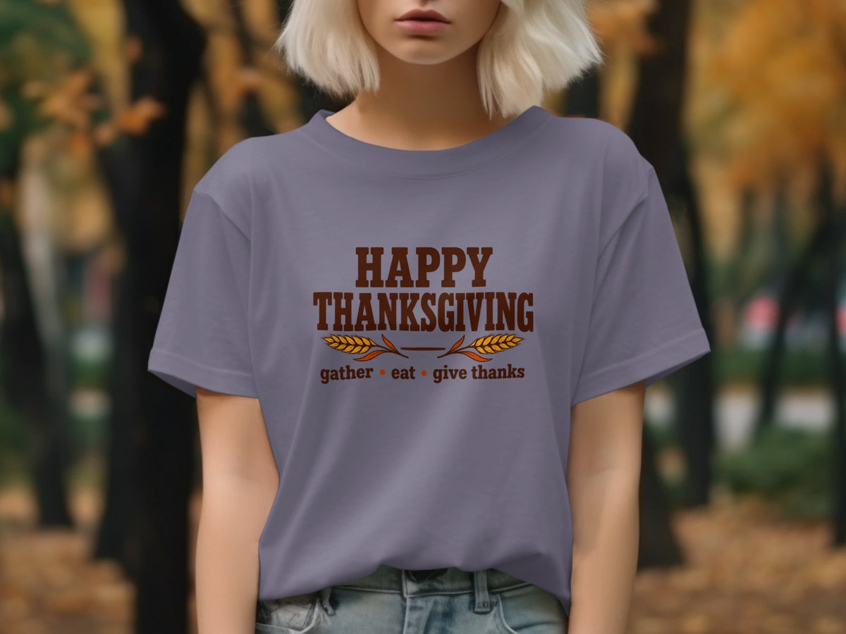 Gray t-shirt with "Happy Thanksgiving" text and wheat graphics.