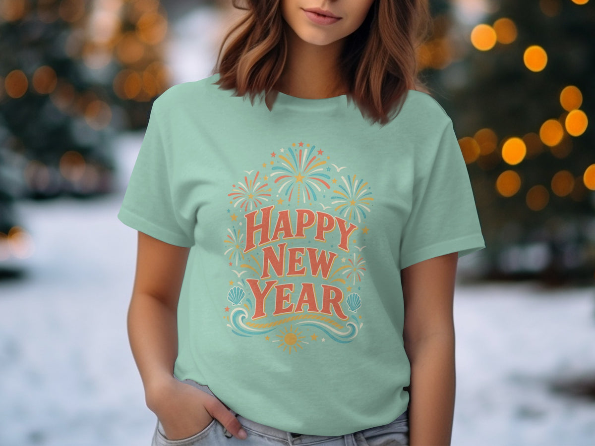 Mint t-shirt with "Happy New Year" text and fireworks graphic.