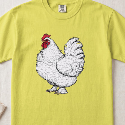 A yellow t-shirt featuring a vintage-style illustration of a white rooster on the chest.