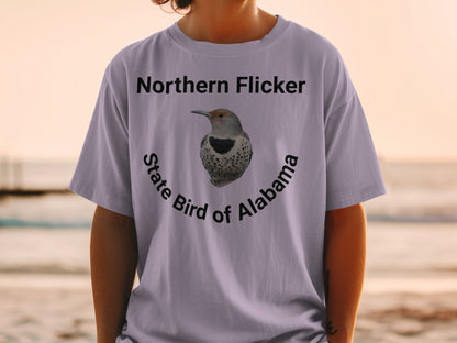 Northern Flicker, State Bird of Alabama on a light purple t-shirt.