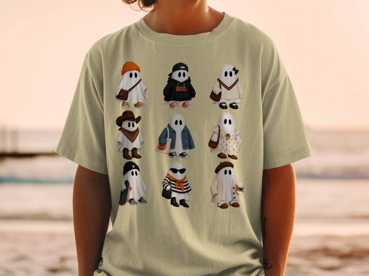 T-shirt with nine illustrated ghosts in various outfits and poses.