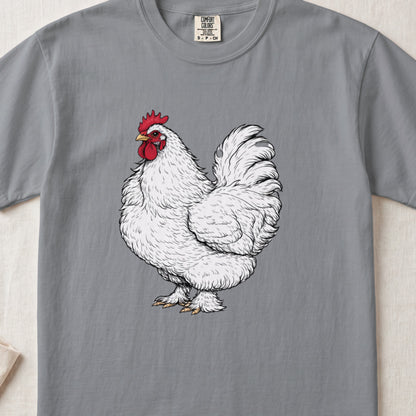Gray crewneck t-shirt featuring a detailed illustration of a fluffy white rooster with a red comb.