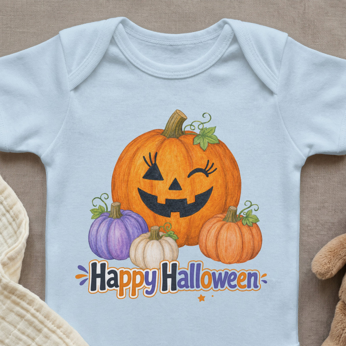 Light blue baby onesie with pumpkins and "Happy Halloween" text design.