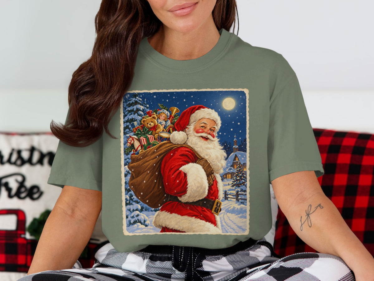 Vintage Santa Claus with a sack of toys on a snowy Christmas Eve scene.
