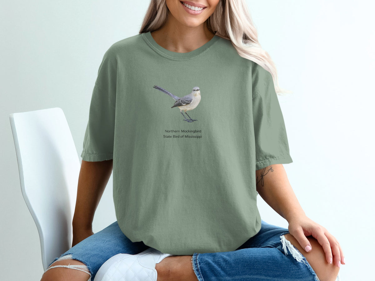 T-shirt with Northern Mockingbird graphic, State Bird of Mississippi text