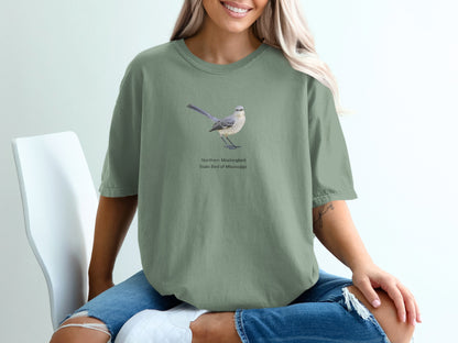 T-shirt with Northern Mockingbird graphic, State Bird of Mississippi text