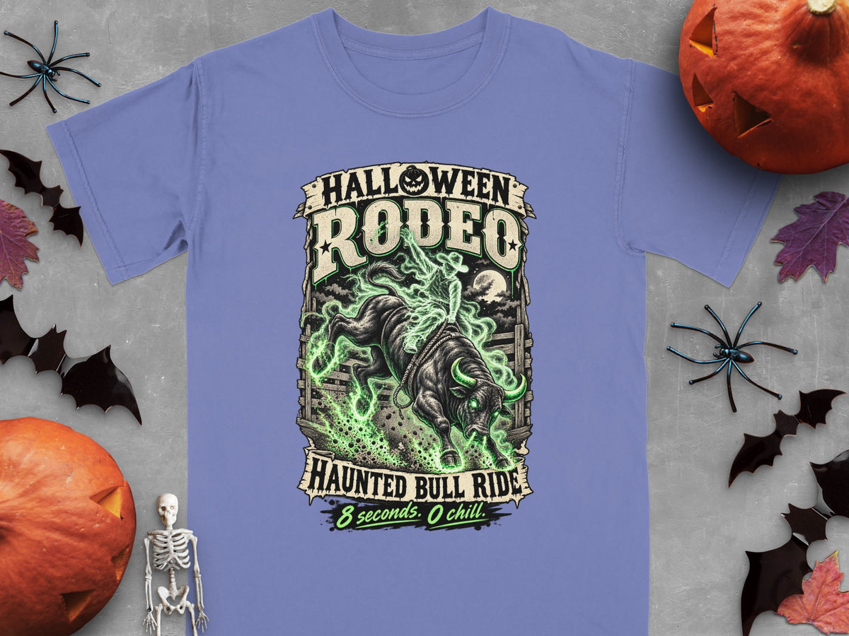 Purple t-shirt with Halloween Rodeo Haunted Bull Ride graphic.