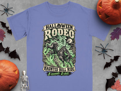 Purple t-shirt with Halloween Rodeo Haunted Bull Ride graphic.