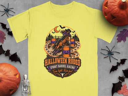 Yellow t-shirt with Halloween Rodeo spooky barrel racing graphic.