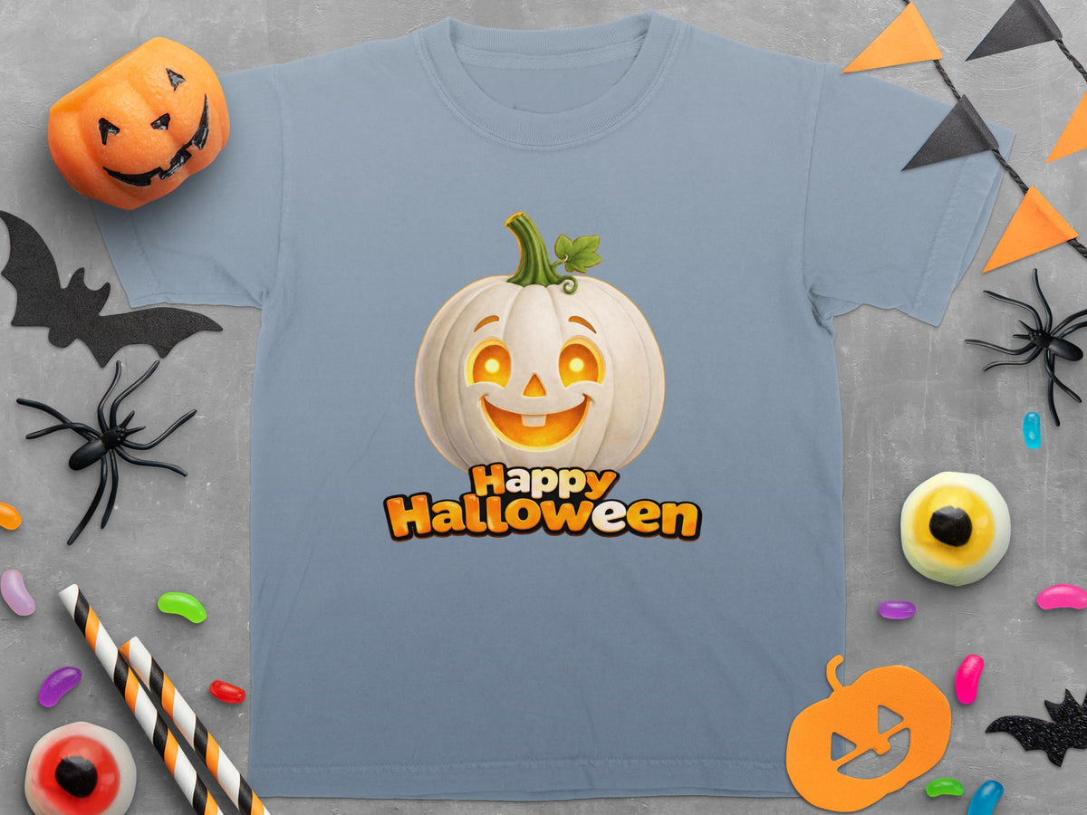 Blue t-shirt with a white, glowing jack-o'-lantern and "Happy Halloween" text.