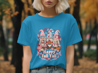 Three gnomes and pumpkins on a teal t-shirt with "Happy Fall Y'all" text.