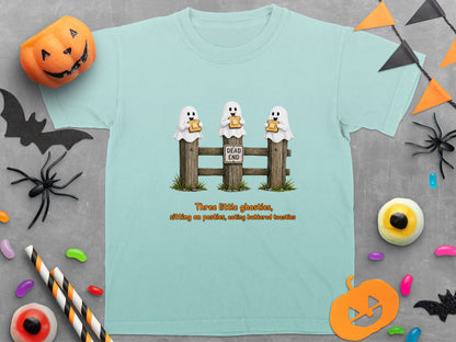 Three ghosts eating toast on a fence with "Dead End" sign.