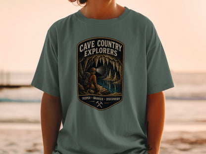 Cave Country Explorers graphic with a caver exploring a cave with a headlamp.