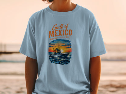 T-shirt graphic with "Gulf of Mexico" text and fishing boat at sunset.