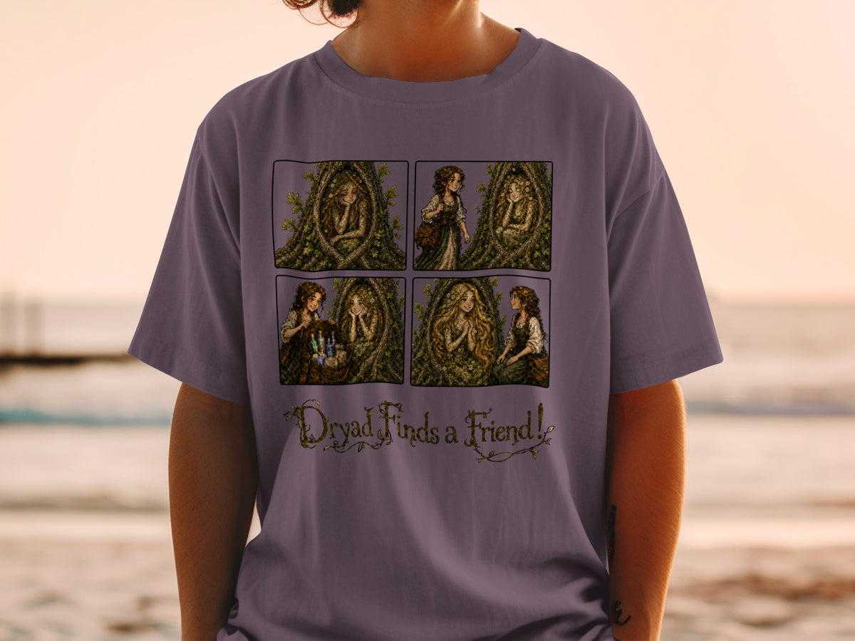 T-shirt with a four-panel illustration of a dryad and text "Dryad Finds a Friend!".
