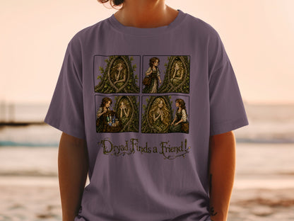 T-shirt with a four-panel illustration of a dryad and text "Dryad Finds a Friend!".