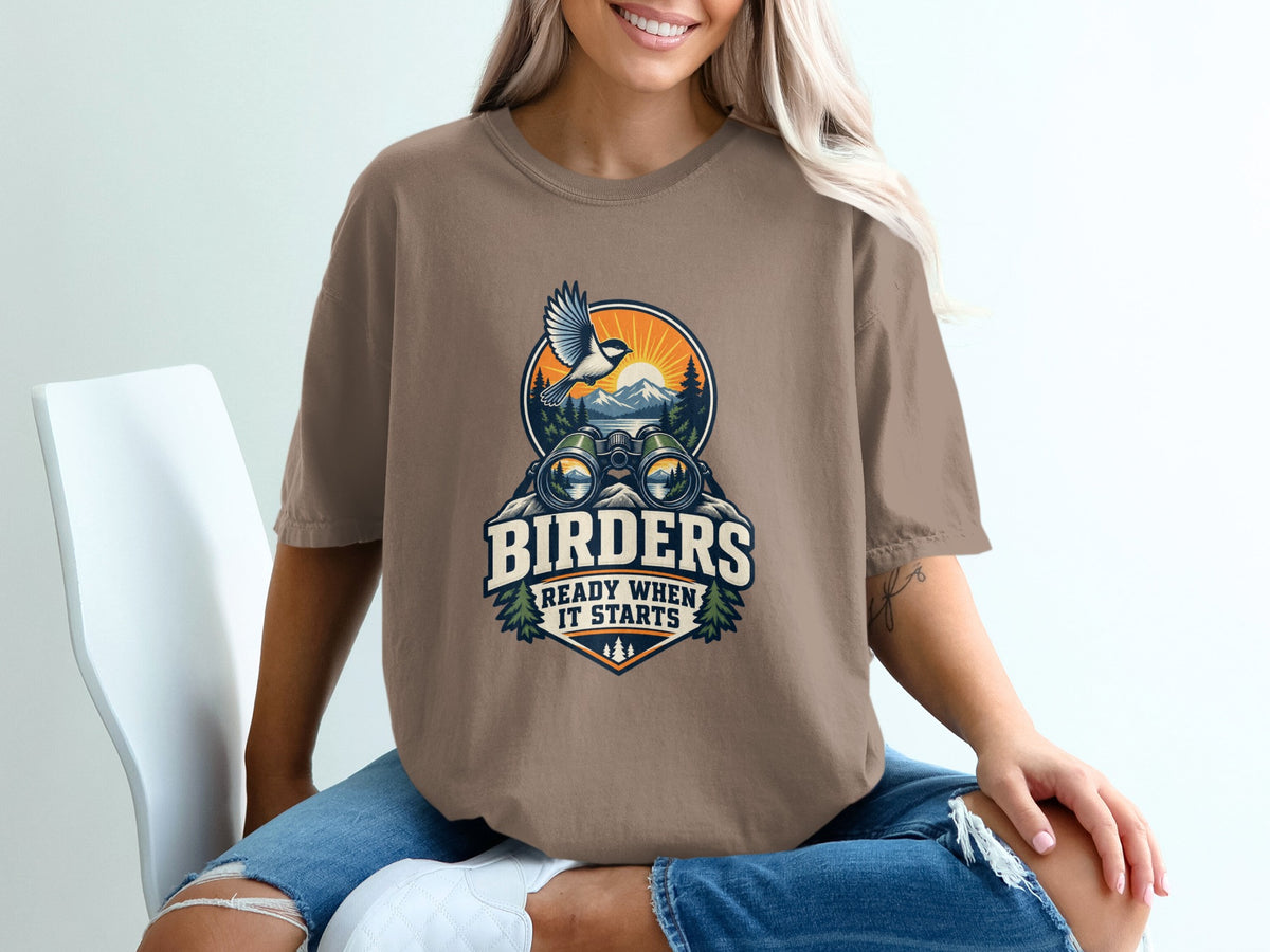 Brown t-shirt with "Birders Ready When It Starts" text and graphic.