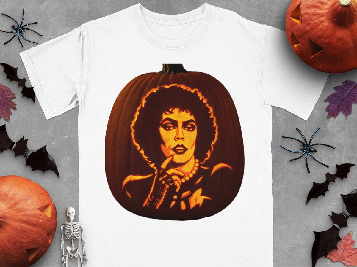 White t-shirt featuring a carved jack-o'-lantern graphic of Dr. Frank-N-Furter from The Rocky Horror Picture Show.
