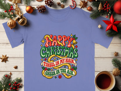 Lavender t-shirt with Christmas graphic: "Happy Christmas Tinsel In My Hair Cheer In The Air"
