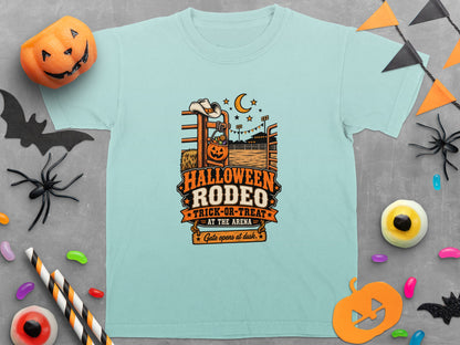 Light blue t-shirt with "Halloween Rodeo Trick-or-Treat" graphic and moon.